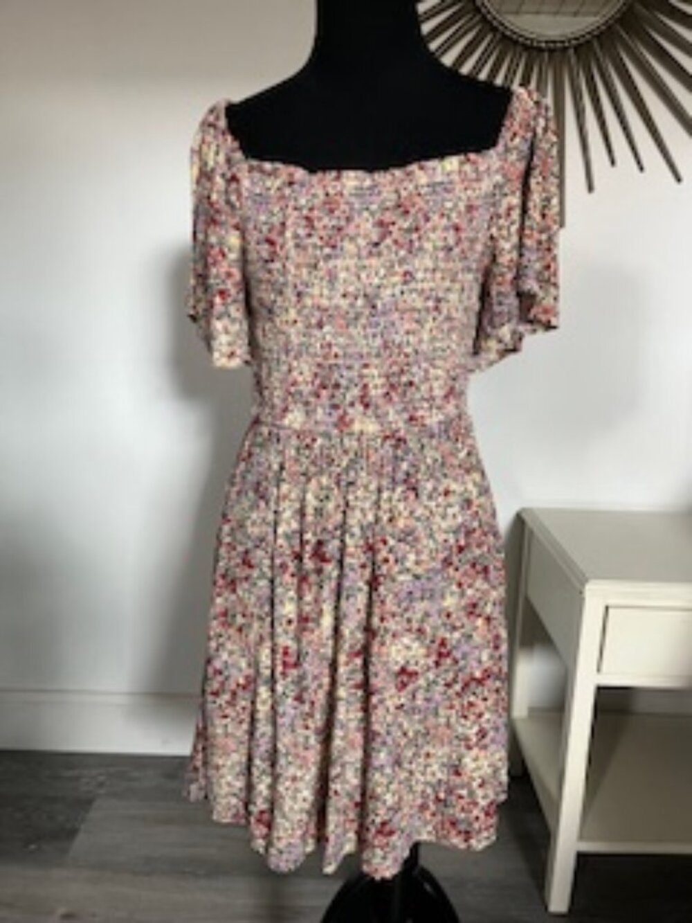 🧡3/15 ANGIE Floral Smocked Mini Dress Puff Sleeves S